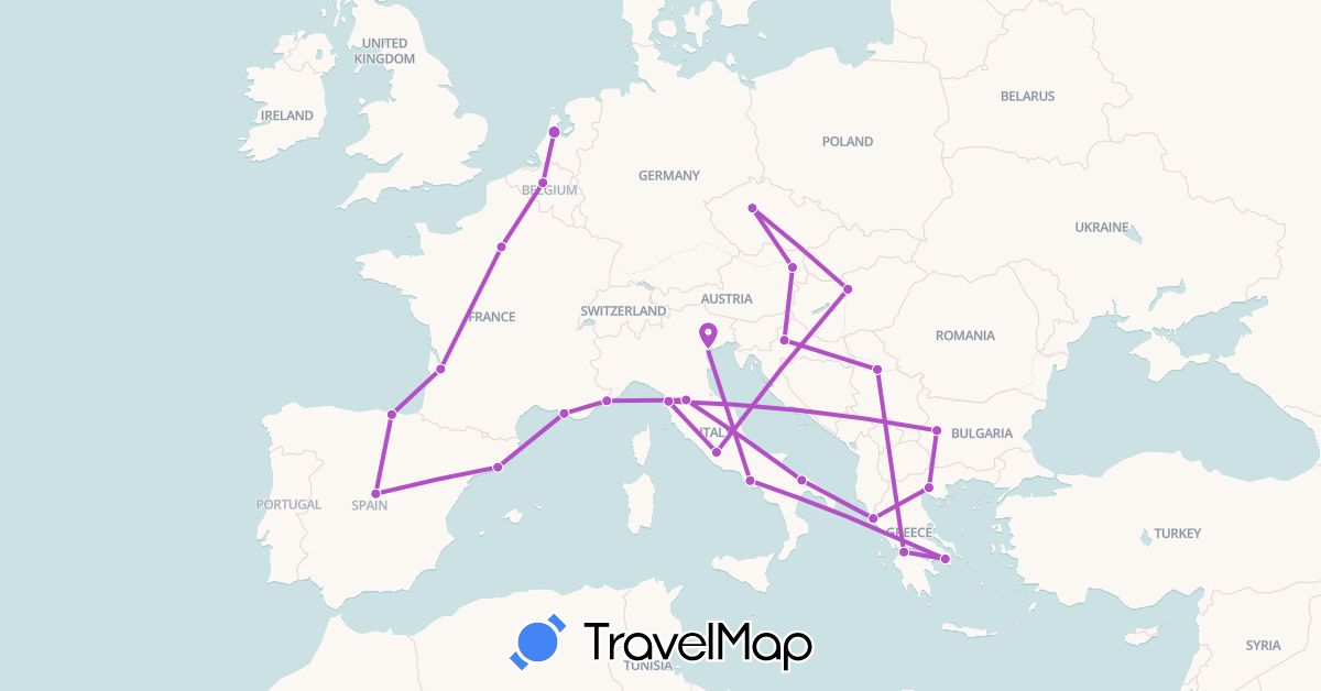 TravelMap itinerary: train in Austria, Belgium, Bulgaria, Czech Republic, Spain, France, Greece, Croatia, Hungary, Italy, Netherlands, Serbia (Europe)